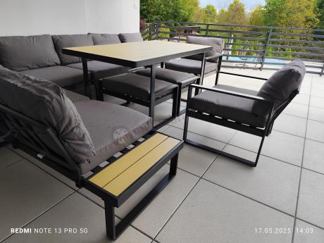 Modułowy narożnik ogrodowy ze stołem obiadowym, fotelami i pufami - Panaon Corner XXL - WG