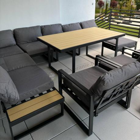 Modułowy narożnik ogrodowy ze stołem obiadowym, fotelami i pufami - Panaon Corner XXL - WG