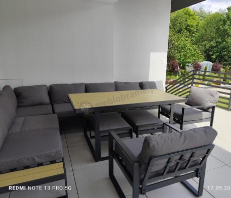 Modułowy narożnik ogrodowy ze stołem obiadowym, fotelami i pufami - Panaon Corner XXL - WG