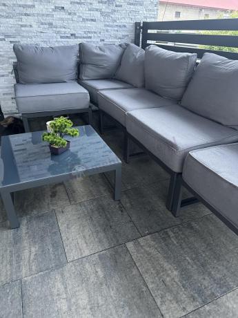 Narożne meble ogrodowe modułowe ze stolikiem i fotelem Trapeno 5 modułów