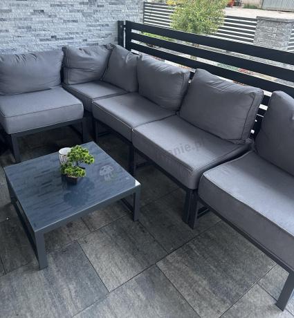 Narożne meble ogrodowe modułowe ze stolikiem i fotelem Trapeno 5 modułów
