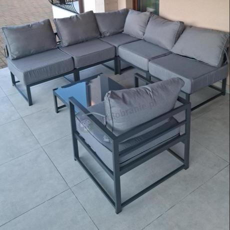 Narożne meble ogrodowe modułowe ze stolikiem i fotelem Trapeno 5 modułów