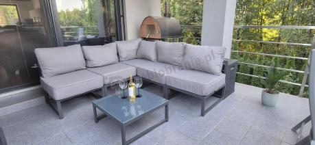 Narożne meble ogrodowe modułowe ze stolikiem i fotelem Trapeno 5 modułów