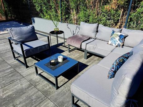 Narożne meble ogrodowe modułowe ze stolikiem i fotelem Trapeno 5 modułów