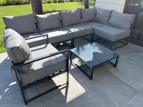 Narożne meble ogrodowe modułowe ze stolikiem i fotelem Trapeno 5 modułów