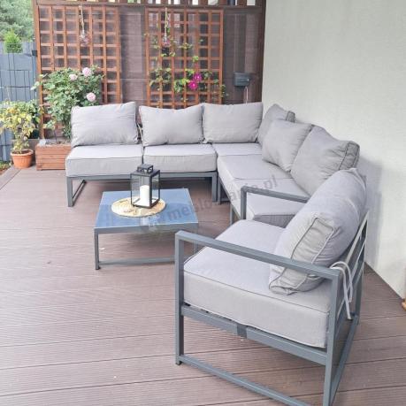 Narożne meble ogrodowe modułowe ze stolikiem i fotelem Trapeno 5 modułów