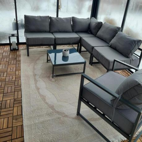 Narożne meble ogrodowe modułowe ze stolikiem i fotelem Trapeno 5 modułów