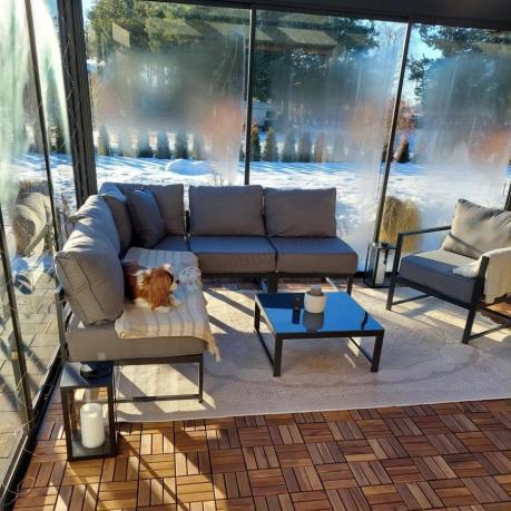 Narożne meble ogrodowe modułowe ze stolikiem i fotelem Trapeno 5 modułów