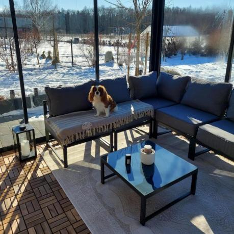 Narożne meble ogrodowe modułowe ze stolikiem i fotelem Trapeno 5 modułów