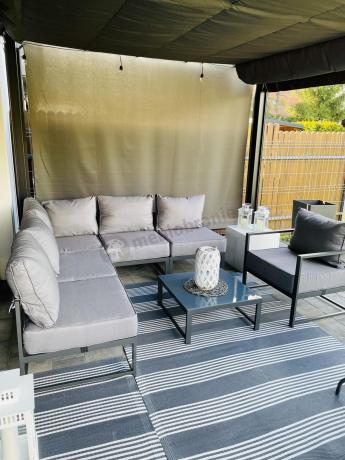 Narożne meble ogrodowe modułowe ze stolikiem i fotelem Trapeno 5 modułów