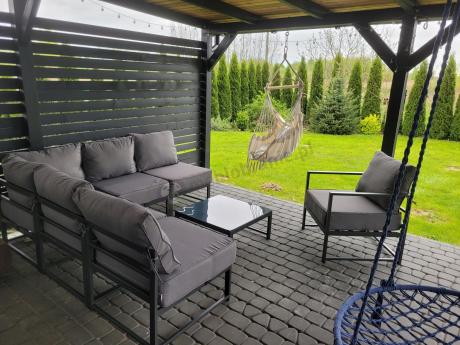 Narożne meble ogrodowe modułowe ze stolikiem i fotelem Trapeno 5 modułów