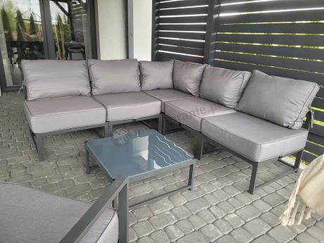 Narożne meble ogrodowe modułowe ze stolikiem i fotelem Trapeno 5 modułów