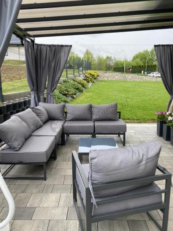 Narożne meble ogrodowe modułowe ze stolikiem i fotelem Trapeno 5 modułów