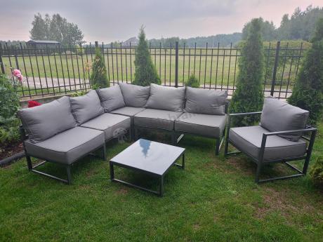 Narożne meble ogrodowe modułowe ze stolikiem i fotelem Trapeno 5 modułów