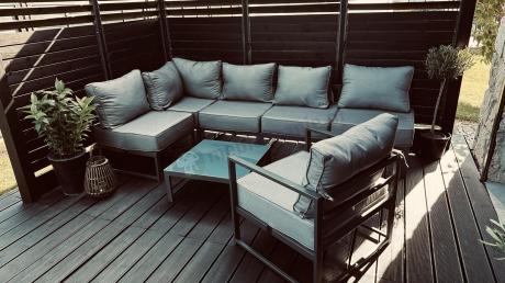 Narożne meble ogrodowe modułowe ze stolikiem i fotelem Trapeno 5 modułów