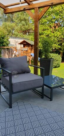 Narożne meble ogrodowe modułowe ze stolikiem i fotelem Trapeno 5 modułów