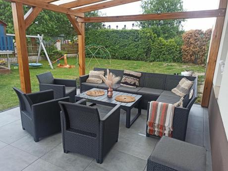 Narożnik dla 10 osób 172 x 272cm ze stolikiem podnoszonym i trzema fotelami - grafitowy