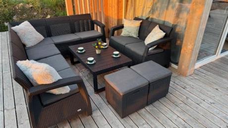 Narożnik do ogrodu Relly VII grafit ze stołem podnoszonym i fotelem + pufy