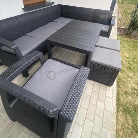 Narożnik do ogrodu Relly VII grafit ze stołem podnoszonym i fotelem + pufy