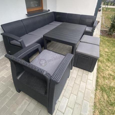 Narożnik do ogrodu Relly VII grafit ze stołem podnoszonym i fotelem + pufy