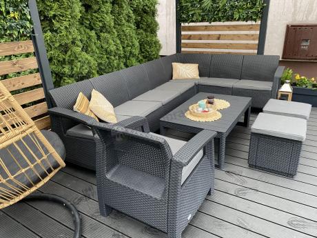 Narożnik do ogrodu Relly VII grafit ze stołem podnoszonym i fotelem + pufy