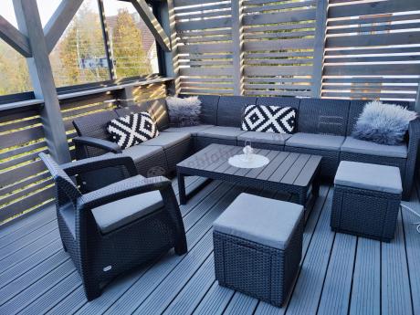 Narożnik do ogrodu Relly VII grafit ze stołem podnoszonym i fotelem + pufy