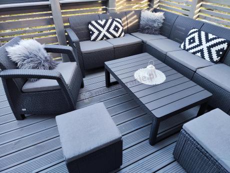 Narożnik do ogrodu Relly VII grafit ze stołem podnoszonym i fotelem + pufy