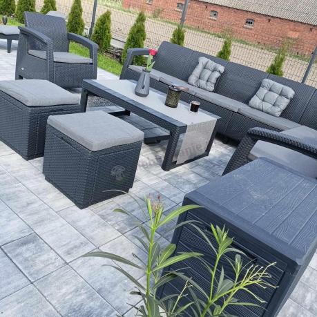 Narożnik do ogrodu Relly VII grafit ze stołem podnoszonym i fotelem + pufy