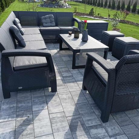 Narożnik do ogrodu Relly VII grafit ze stołem podnoszonym i fotelem + pufy