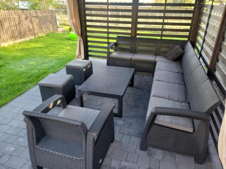 Narożnik do ogrodu Relly VII grafit ze stołem podnoszonym i fotelem + pufy