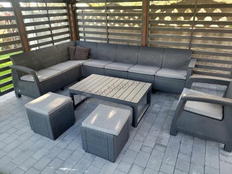 Narożnik do ogrodu Relly VII grafit ze stołem podnoszonym i fotelem + pufy