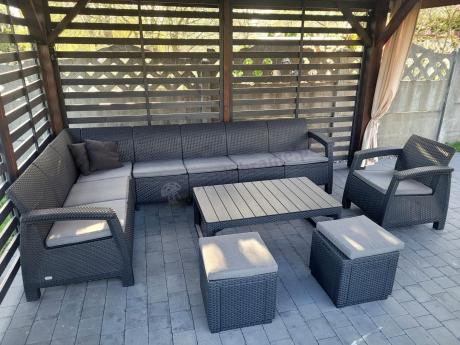 Narożnik do ogrodu Relly VII grafit ze stołem podnoszonym i fotelem + pufy