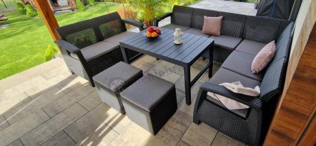 Narożnik do ogrodu Relly VII grafit ze stołem podnoszonym i fotelem + pufy