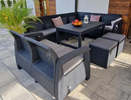 Narożnik do ogrodu Relly VII grafit ze stołem podnoszonym i fotelem + pufy