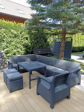 Narożnik do ogrodu Relly VII grafit ze stołem podnoszonym i fotelem + pufy