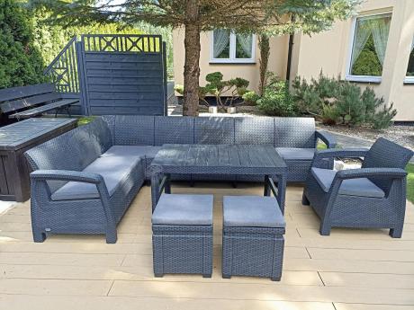 Narożnik do ogrodu Relly VII grafit ze stołem podnoszonym i fotelem + pufy