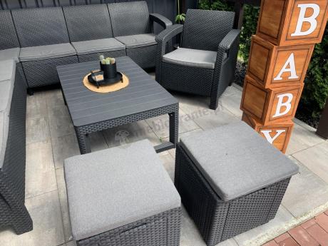 Narożnik do ogrodu Relly VII grafit ze stołem podnoszonym i fotelem + pufy