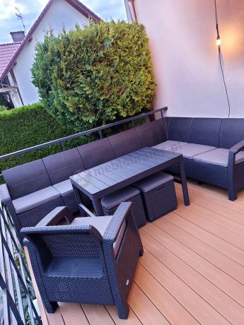 Narożnik do ogrodu Relly VII grafit ze stołem podnoszonym i fotelem + pufy