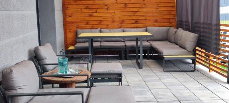 Narożnik modułowy 280x220cm ze stołem obiadowym i 2 fotelami Panaon GW