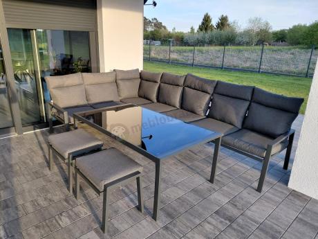 Narożnik na taras na metalowym stelażu ze stołem 160cm i pufami - Doros Corner XXL - Dark Grey