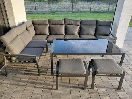 Narożnik na taras na metalowym stelażu ze stołem 160cm i pufami - Doros Corner XXL - Dark Grey