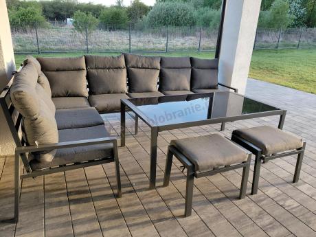 Narożnik na taras na metalowym stelażu ze stołem 160cm i pufami - Doros Corner XXL - Dark Grey