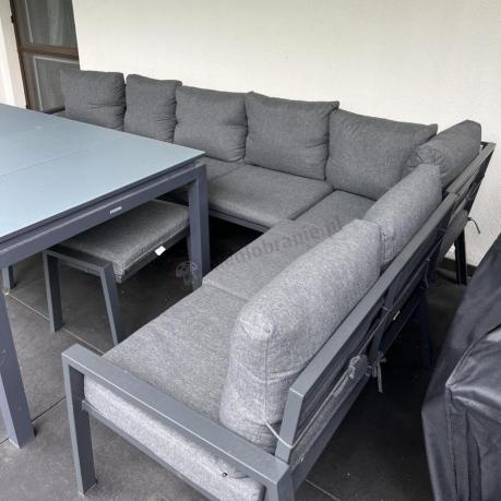 Narożnik na taras na metalowym stelażu ze stołem 160cm i pufami - Sodor Corner XXL - Dark Grey