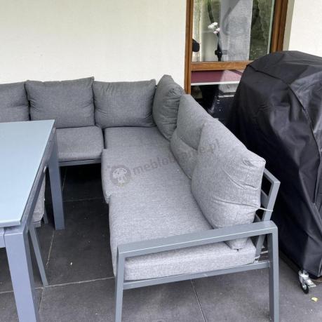 Narożnik na taras na metalowym stelażu ze stołem 160cm i pufami - Sodor Corner XXL - Dark Grey