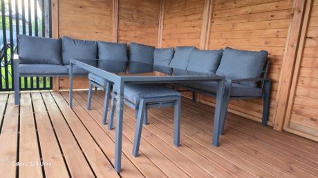 Narożnik na taras na metalowym stelażu ze stołem 160cm i pufami - Sodor Corner XXL - Dark Grey