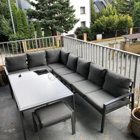 Narożnik na taras na metalowym stelażu ze stołem 160cm i pufami - Sodor Corner XXL - Dark Grey