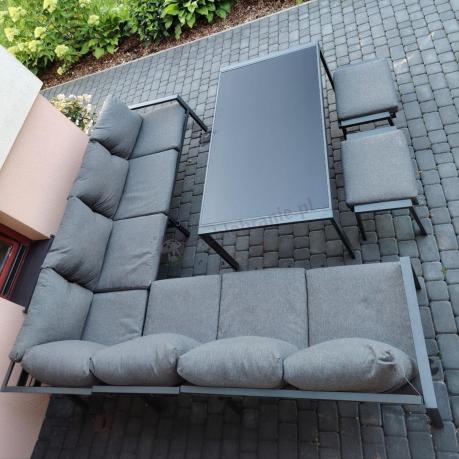 Narożnik na taras na metalowym stelażu ze stołem 160cm i pufami - Sodor Corner XXL - Dark Grey