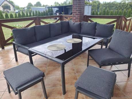 Narożnik na taras na metalowym stelażu ze stołem 160cm i pufami - Sodor Corner XXL - Dark Grey