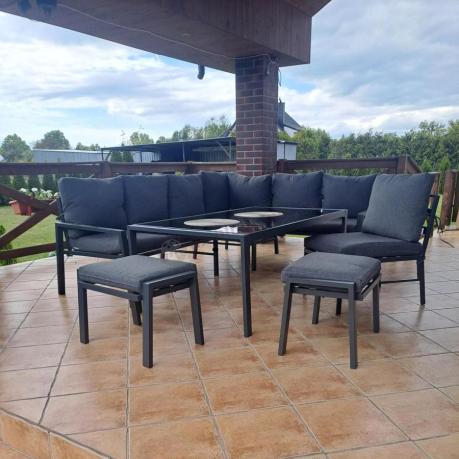Narożnik na taras na metalowym stelażu ze stołem 160cm i pufami - Sodor Corner XXL - Dark Grey