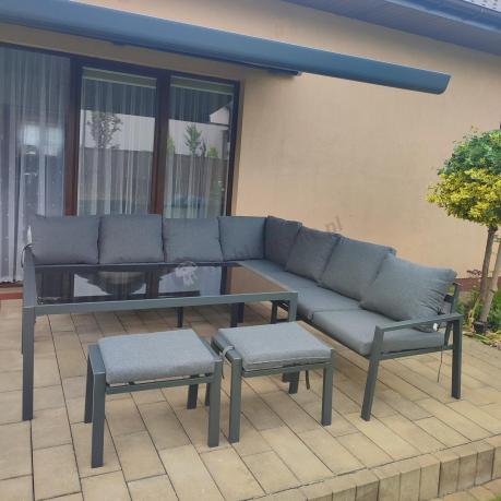 Narożnik na taras na metalowym stelażu ze stołem 160cm i pufami - Sodor Corner XXL - Dark Grey